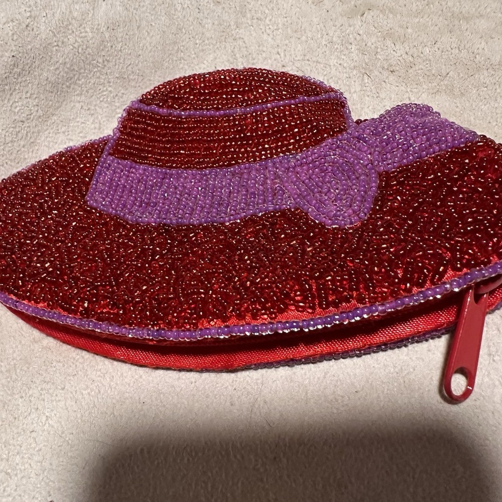 Red Hat Society Vintage Purple Trim Seed Beaded‎ Keychain Coin Purse Wallet - Picture 2 of 6